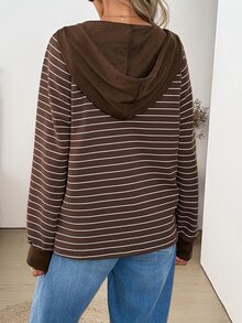 SHEIN LUNE 休閒女款秋冬連帽運動衫 日常校園穿搭 棕色條紋 秋季女裝 工作穿搭 棕色上衣 - 彩色 - 查看 2