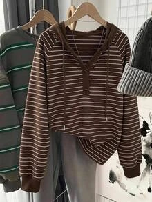 SHEIN LUNE 休閒女款秋冬連帽運動衫 日常校園穿搭 棕色條紋 秋季女裝 工作穿搭 棕色上衣 - 彩色 - 查看 1