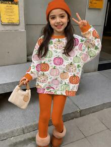 青少年女孩圓領休閒落肩衛衣與修身緊身褲2件套 - 彩色 - 查看 3