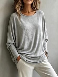 Breezaya Atasan Lengan Panjang Wanita Warna Polos dengan Kerah Bulat, Kasual, Serbaguna untuk Sehari-hari - Light Grey - View 5