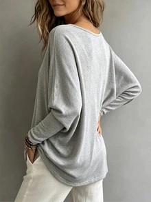 Breezaya Atasan Lengan Panjang Wanita Warna Polos dengan Kerah Bulat, Kasual, Serbaguna untuk Sehari-hari - Light Grey - View 3
