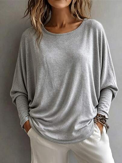 Breezaya Women's Solid Color Crew Neck Casual Versatile Daily Long Sleeve Top