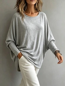 Breezaya Atasan Lengan Panjang Wanita Warna Polos dengan Kerah Bulat, Kasual, Serbaguna untuk Sehari-hari - Light Grey - View 2