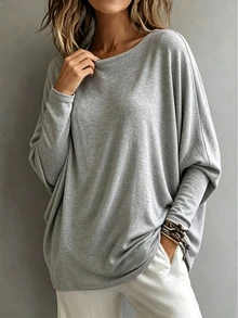 Breezaya Atasan Lengan Panjang Wanita Warna Polos dengan Kerah Bulat, Kasual, Serbaguna untuk Sehari-hari - Light Grey - View 4