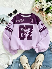 女童美式風拼色 67 數字印花圓領衛衣，NewYork 字母 67 星號數字印花寬鬆圓領上衣，舒適寬鬆版型，適合日常穿著、外出與上學，女童長袖上衣，秋冬、開學季、萬聖節、聖誕節 - 彩色 - 查看 3