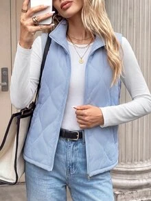 SHEIN LUNE 女款休閒秋冬通勤日常基礎時尚無袖填充外套 - 藍白色 - 查看 7