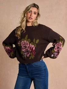 Enchnt 高級女款初秋浪漫優雅棕色花卉圖案法式套頭毛衣,休閒上衣,節慶穿搭,上班穿搭,外出穿搭 - 粉色 - 查看 5