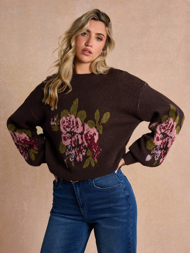 Enchnt Enchant Premium Pre-Fall Romantic Women's Elegant Brown Floral Pattern French Style Pullover Sweater, Casual Tops, Festival Outfits, Work Outfit, Going Out - Berwarna merah muda - View 4