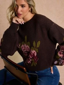Enchnt 高級女款初秋浪漫優雅棕色花卉圖案法式套頭毛衣,休閒上衣,節慶穿搭,上班穿搭,外出穿搭 - 粉色 - 查看 2