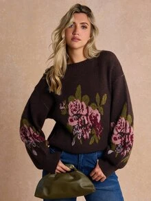 Enchnt 高級女款初秋浪漫優雅棕色花卉圖案法式套頭毛衣,休閒上衣,節慶穿搭,上班穿搭,外出穿搭 - 粉色 - 查看 7