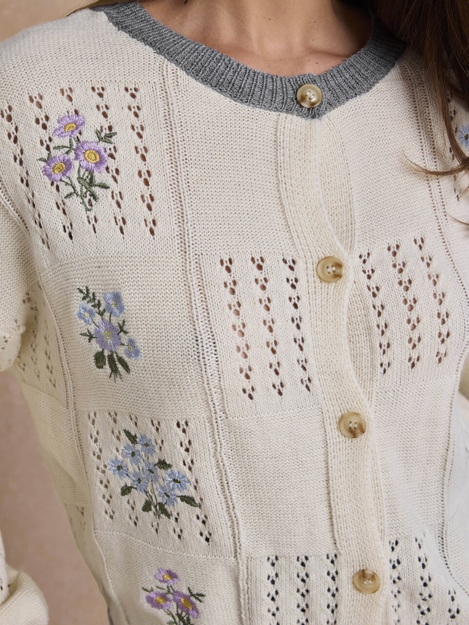 Enchnt Premium Pre-Fall Romantic Women's Grey Elegant Floral Embroidered Knit Sweater Cardigan,Back To School,Social Blouse,Work Tops For Women