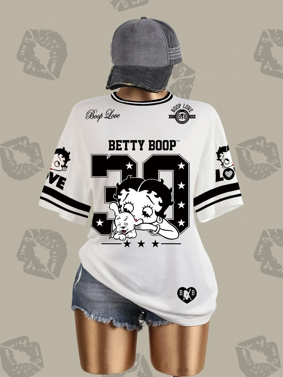 Betty Boop x SHEIN 女款卡通印花短袖T恤 - 白色 - 查看 1