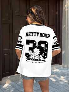 Betty Boop x SHEIN 女款卡通印花短袖T恤 - 白色 - 查看 4