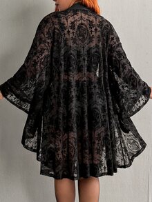 Whyspr Halloween Cottage Punk Goth Plus Size Autumn/Winter Punk Mesh Flocked Loose Long Sleeve Open Front Jacket Fall - Black - View 2