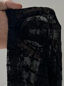 Whyspr Halloween Cottage Punk Goth Plus Size Autumn/Winter Punk Mesh Flocked Loose Long Sleeve Open Front Jacket Fall - Black - View 8