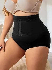 SHEIN 1 Buah Celana Dalam Segitiga Tanpa Jahitan Ukuran Plus Pinggang Tinggi Pembentuk Tubuh Ringan dengan Pengait dan Penutup Mata di Bagian Depan - Hitam - View 3