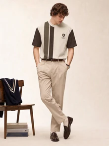 Limitiso Men's Casual Striped Print T-Shirt, Casual British Style - Brown - View 4