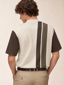 Limitiso Men's Casual Striped Print T-Shirt, Casual British Style - Brown - View 2