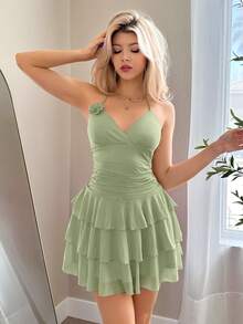 Sweetina Y2k Spring Summer Solid Color Floral Embellished Halter Neck Mini Dress With Tiered Hem,Pastel Dresses For Women - Mint Green - View 7