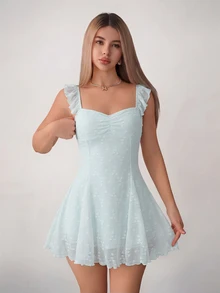 Sweetina Women's Embroidered Sweetheart Neckline Cap Sleeve Fashion Cute Mini Dress Vacation Light Blue Summer Brunch Vacation Cottage Core Fairycore - Baby Blue - View 4
