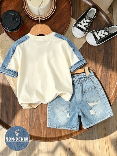2pcs Young Boy Casual Cool Street Style Printed Design, Fashionable Round Neck Short Sleeve T-Shirt And Sports Shorts Set, Suitable For Holiday Parties, Spring/Summer Comfortable And Easy To Wear, Summer Essential Fashion Casual Outfit, Spring/Summer Streetwear, Casual Outfits Back To School Parties, Suitable For Outdoor Picnics