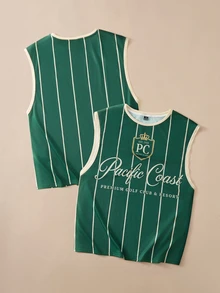 FROVYX Standard Size Men's Retro Letter Green Striped Tank Top Vest - Multicolor - View 6