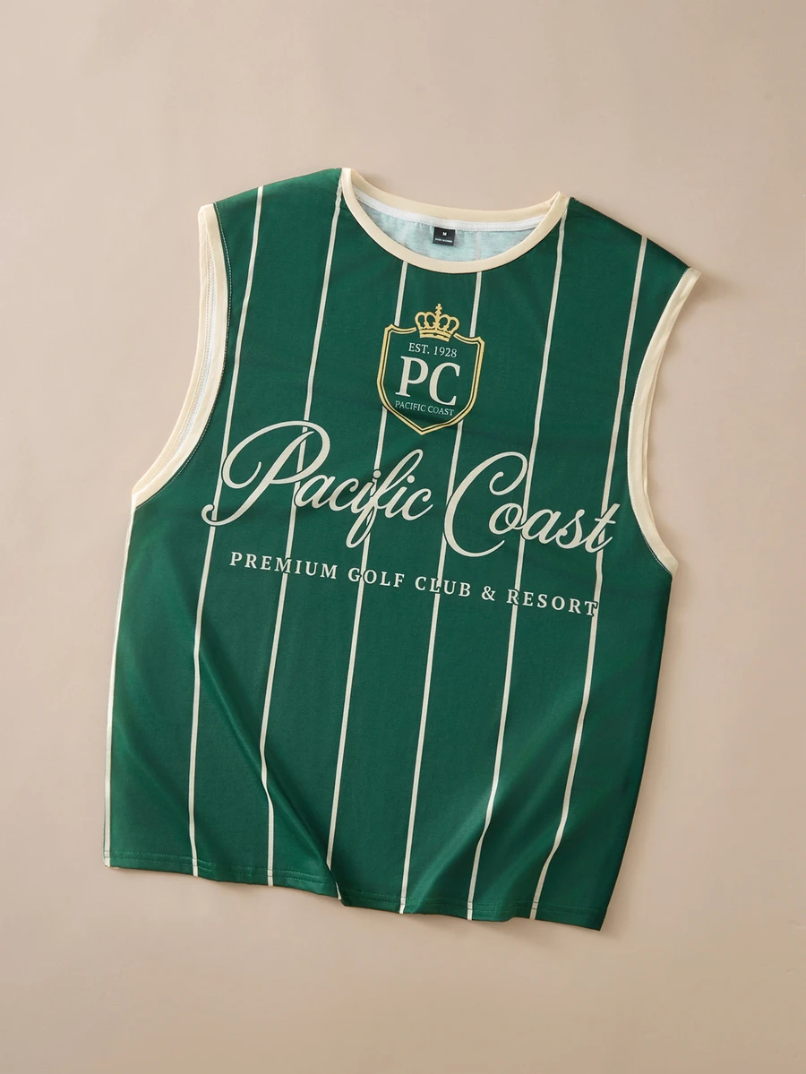 FROVYX Standard Size Men's Retro Letter Green Striped Tank Top Vest - Multicolor - View 1