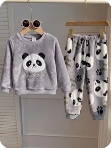 男嬰熊貓字母刺繡圖案毛絨套頭衛衣與長褲套裝 - 灰色 - 查看 2