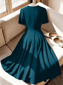 GlowEve CURVE Plus Size Women's Elegant Solid Color Overlap Bow Knot Button Design Round Neck Short Sleeve Dress Teachers' Day Tea Party Office Teal Summer - Blue - View 2