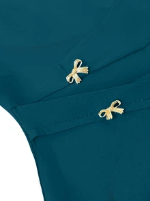GlowEve CURVE Plus Size Women's Elegant Solid Color Overlap Bow Knot Button Design Round Neck Short Sleeve Dress Teachers' Day Tea Party Office Teal Summer - Blue - View 3