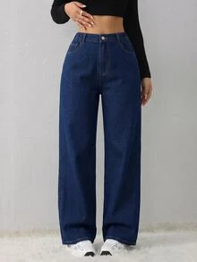 SHEIN Tall CURVE 大尺碼女款冬季口袋保暖內裡直筒寬鬆休閒牛仔長褲，適合辦公正式場合、畢業典禮與外出，藍色 - 藍色 - 查看 8