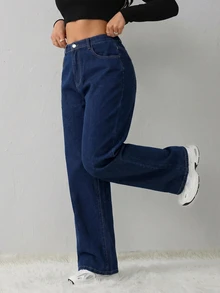 SHEIN Tall CURVE 大尺碼女款冬季口袋保暖內裡直筒寬鬆休閒牛仔長褲，適合辦公正式場合、畢業典禮與外出，藍色 - 藍色 - 查看 11
