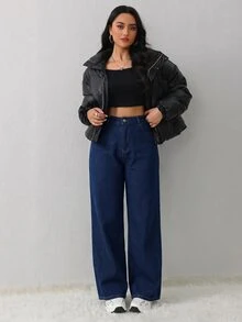 SHEIN Tall CURVE 大尺碼女款冬季口袋保暖內裡直筒寬鬆休閒牛仔長褲，適合辦公正式場合、畢業典禮與外出，藍色 - 藍色 - 查看 5
