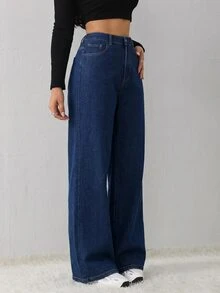 SHEIN Tall CURVE 大尺碼女款冬季口袋保暖內裡直筒寬鬆休閒牛仔長褲，適合辦公正式場合、畢業典禮與外出，藍色 - 藍色 - 查看 10