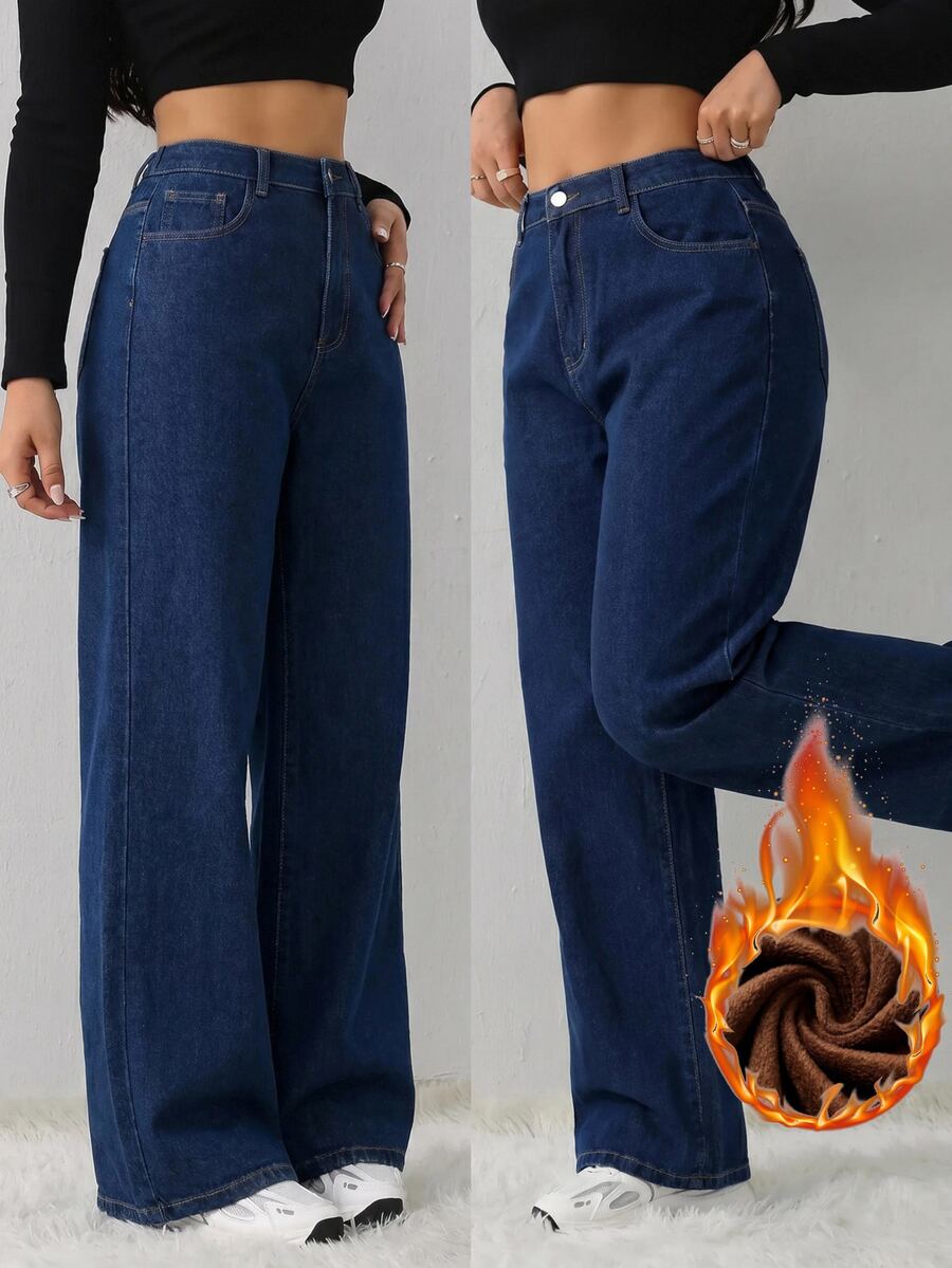SHEIN Tall CURVE 大尺碼女款冬季口袋保暖內裡直筒寬鬆休閒牛仔長褲,適合辦公正式場合、畢業典禮與外出,藍色 - 藍色 - 查看 1