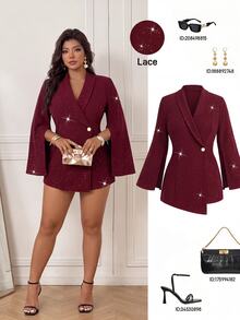 Femmeverse Plus Size Women's Fashion Elegant Shawl Collar Split Sleeve 2 In 1 Silver Glitter Romper Fall - Burgundy - View 1