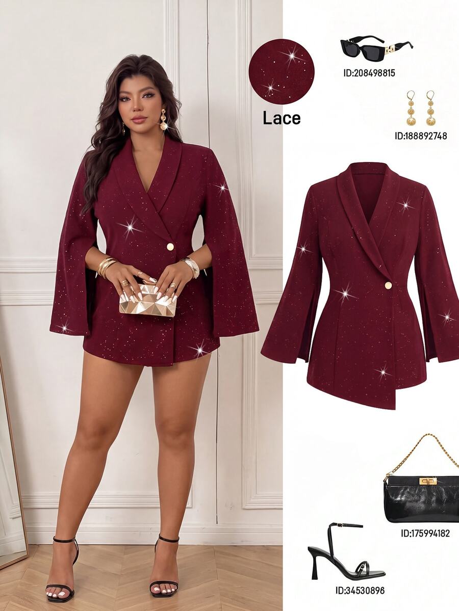 Femmeverse Plus Size Women's Fashion Elegant Shawl Collar Split Sleeve 2 In 1 Silver Glitter Romper Fall - Burgundy - View 1