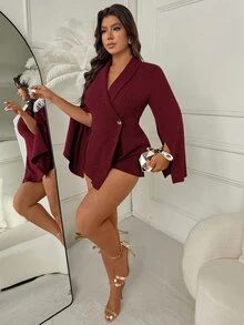 Femmeverse Plus Size Women's Fashion Elegant Shawl Collar Split Sleeve 2 In 1 Silver Glitter Romper Fall - Burgundy - View 5