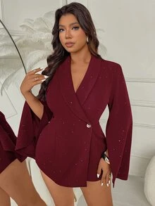 Femmeverse Plus Size Women's Fashion Elegant Shawl Collar Split Sleeve 2 In 1 Silver Glitter Romper Fall - Burgundy - View 6