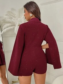 Femmeverse Plus Size Women's Fashion Elegant Shawl Collar Split Sleeve 2 In 1 Silver Glitter Romper Fall - Burgundy - View 2