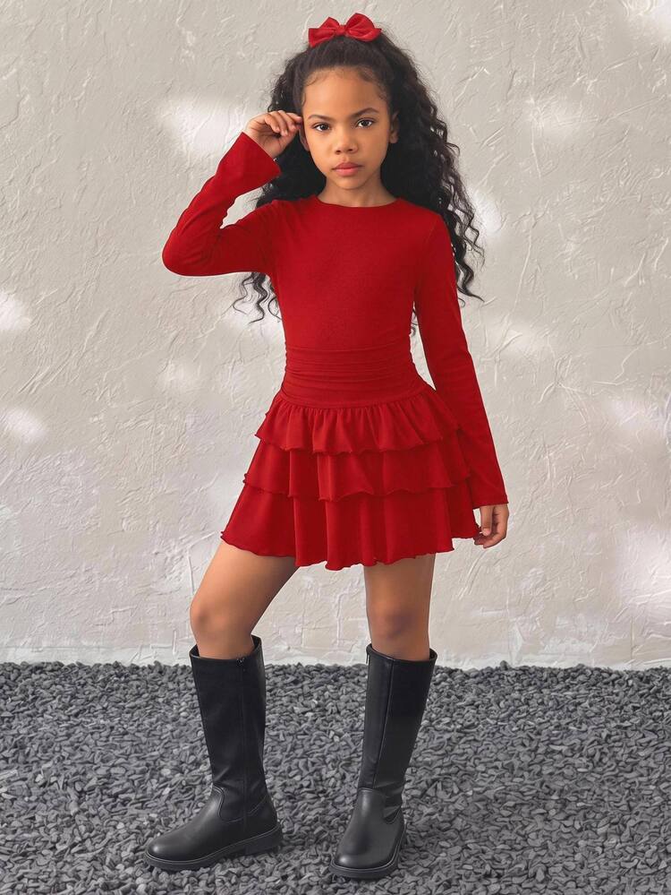 Coolane Kids Tween Girl Summer/Spring Elegant Solid Color Ruffle Hem Black Long Sleeve Dress, Fall&Winter Dresses For Red Outfits, Outfit Tween Girl, Clothes Y2k - Red - View 2