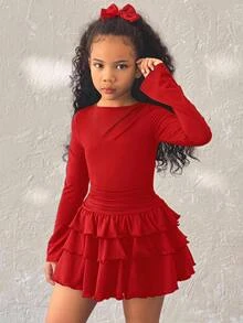 Coolane Kids Tween Girl Summer/Spring Elegant Solid Color Ruffle Hem Black Long Sleeve Dress, Fall&Winter Dresses For Red Outfits, Outfit Tween Girl, Clothes Y2k - Red - View 5