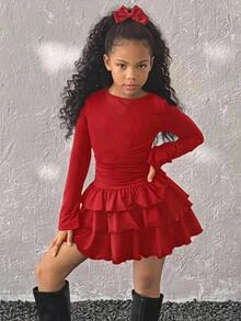 Coolane Kids Tween Girl Summer/Spring Elegant Solid Color Ruffle Hem Black Long Sleeve Dress, Fall&Winter Dresses For Red Outfits, Outfit Tween Girl, Clothes Y2k - Red - View 3