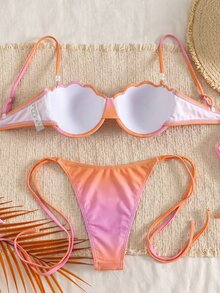 Swim SXY 夏季新款跨境 INS 風格性感三角繫帶比基尼，美人魚貝殼設計泳衣，女款霓虹粉藍漸層兩件套，珍珠配件，海洋度假比基尼套裝，甜美女孩溫泉海灘度假比基尼泳衣，生日派對度假海灘比基尼 - 彩色 - 查看 2