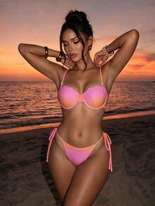 Swim SXY 夏季新款跨境 INS 風格性感三角繫帶比基尼，美人魚貝殼設計泳衣，女款霓虹粉藍漸層兩件套，珍珠配件，海洋度假比基尼套裝，甜美女孩溫泉海灘度假比基尼泳衣，生日派對度假海灘比基尼 - 彩色 - 查看 1