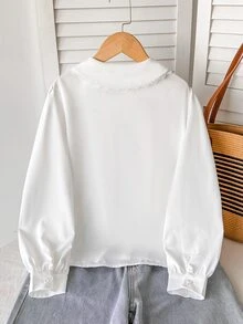 SHEIN 青少年女孩休閒日常外出法式優雅學院風對比色大蝴蝶結燈籠袖長袖修身襯衫，返校季經典百搭上衣 - 白色 - 查看 4