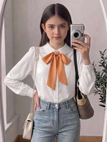 SHEIN 青少年女孩休閒日常外出法式優雅學院風對比色大蝴蝶結燈籠袖長袖修身襯衫，返校季經典百搭上衣 - 白色 - 查看 6