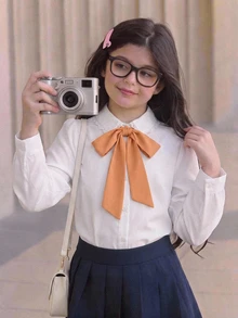 SHEIN 青少年女孩休閒日常外出法式優雅學院風對比色大蝴蝶結燈籠袖長袖修身襯衫，返校季經典百搭上衣 - 白色 - 查看 7