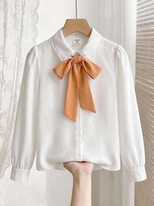 SHEIN 青少年女孩休閒日常外出法式優雅學院風對比色大蝴蝶結燈籠袖長袖修身襯衫，返校季經典百搭上衣 - 白色 - 查看 3