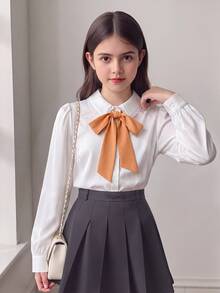 SHEIN 青少年女孩休閒日常外出法式優雅學院風對比色大蝴蝶結燈籠袖長袖修身襯衫，返校季經典百搭上衣 - 白色 - 查看 5